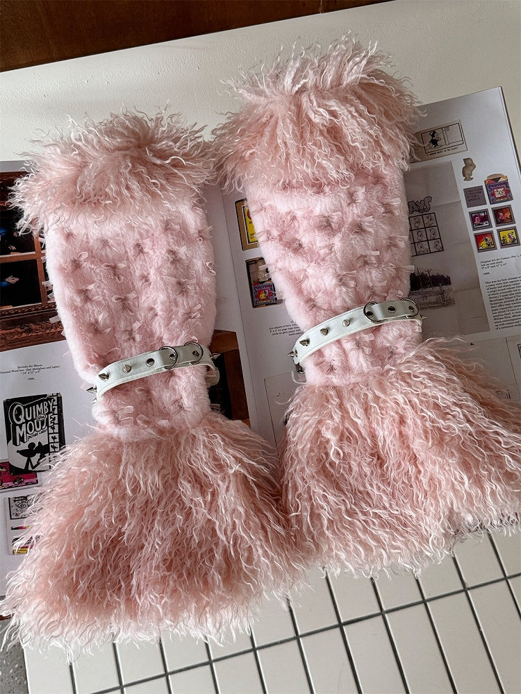 Jambières à poils longs avec nœud papillon rose et boucle à clous