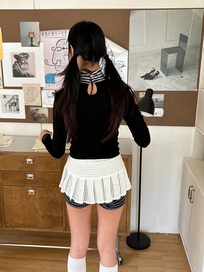 Print Black White Number Skirt with Striped Low-waist