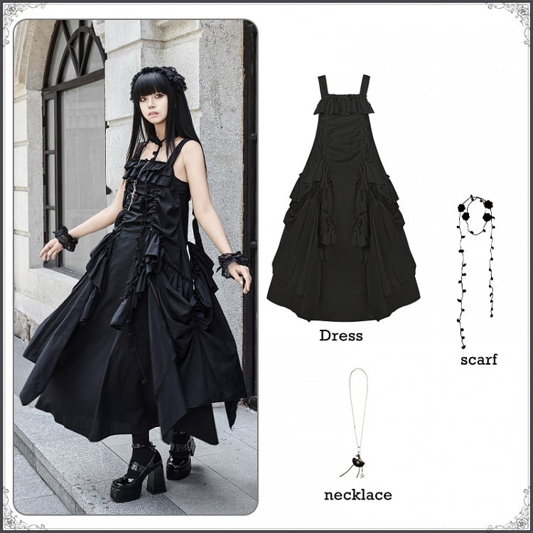 Loose Drawstring Ruffles Scarf Dress Necklace Cascading Design + Goth Black