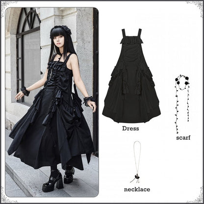 Loose Drawstring Ruffles Scarf Dress Necklace Cascading Design + Goth Black