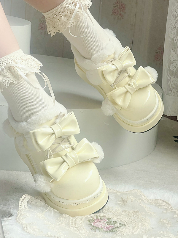 Lolita Creamy Yellow Cute Heart Bow Platform Shoes with Pompons