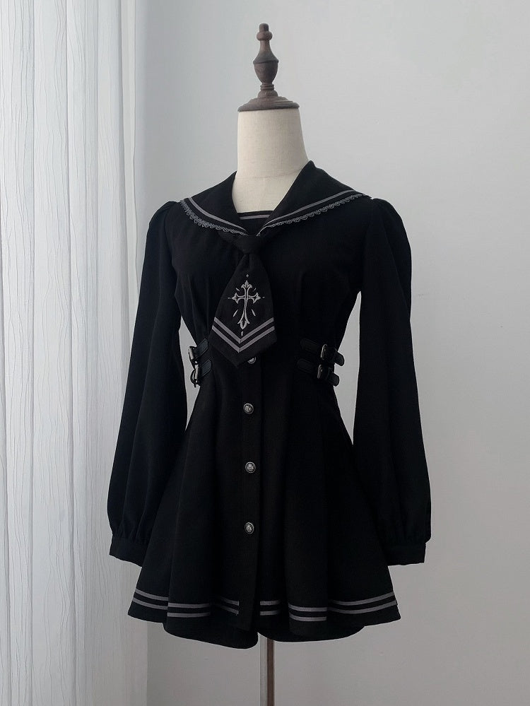 Sailor Collar Dress Set with Shorts and Tie - Ekomi