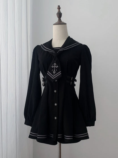 Sailor Collar Dress Set with Shorts and Tie - Ekomi