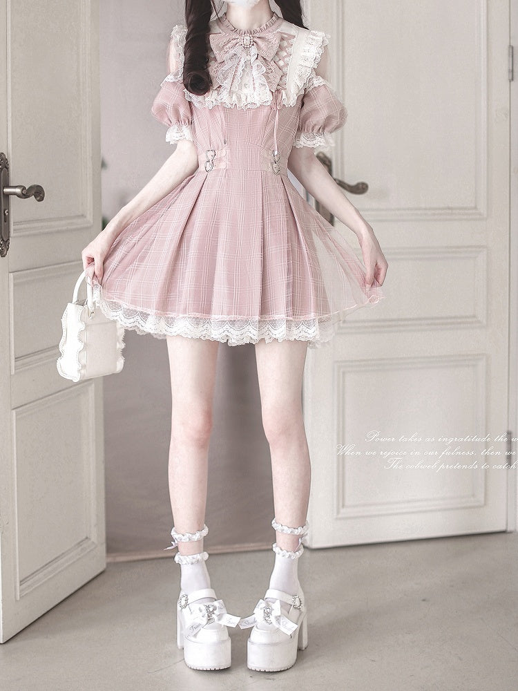 Cutout Neck Kei with Pink Lace Plaid Lace-up Dusty Jirai in Style White Shoulder Dress Details