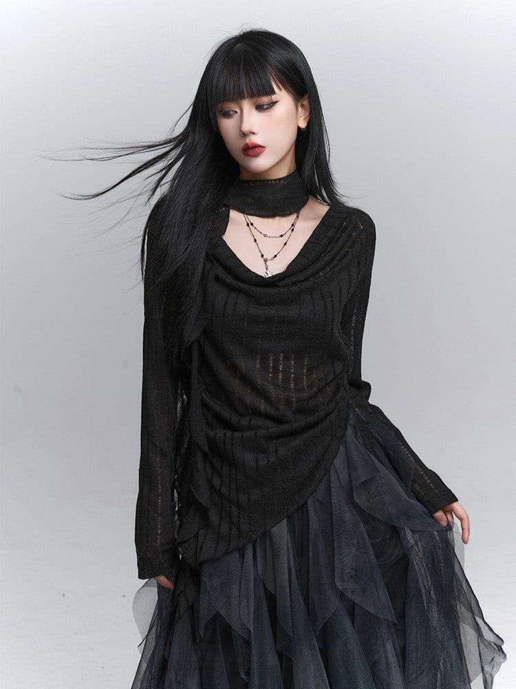 Slit with Top Knit Asymmetrical Neck Black Gothic Side Cowl