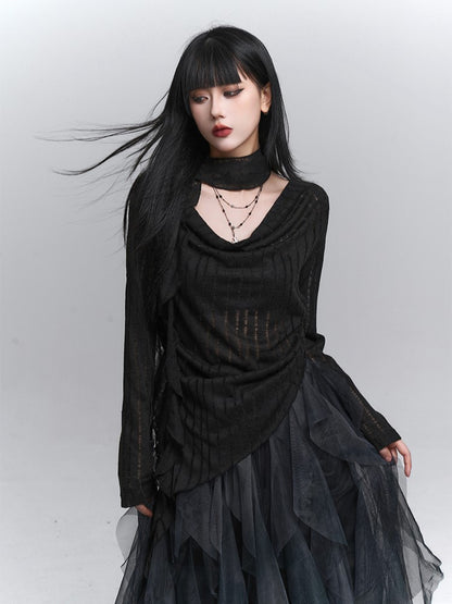 Slit with Top Knit Asymmetrical Neck Black Gothic Side Cowl