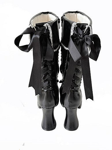 Platform Black Elegant High-heel with Closure PU Lolita Accents System Bow Dual Boots