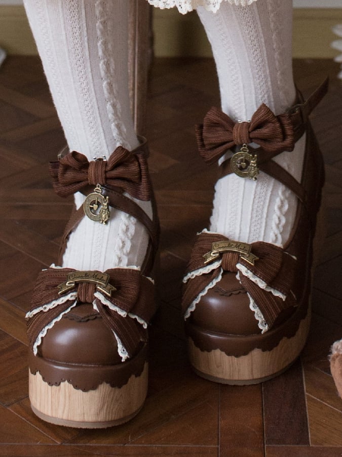 Round Dark - Charm Accents Bow Clock Sweet Platforms Lolita Toe Brown