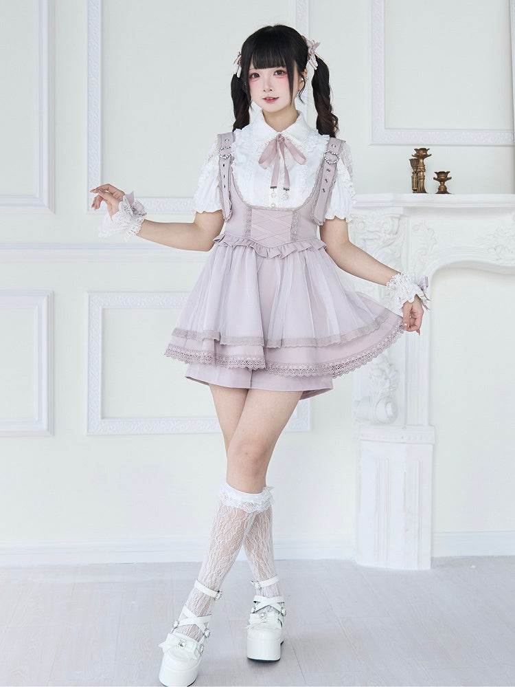 Jirai Kei Black/White Short Sleeves Blouse with Beaded Collar