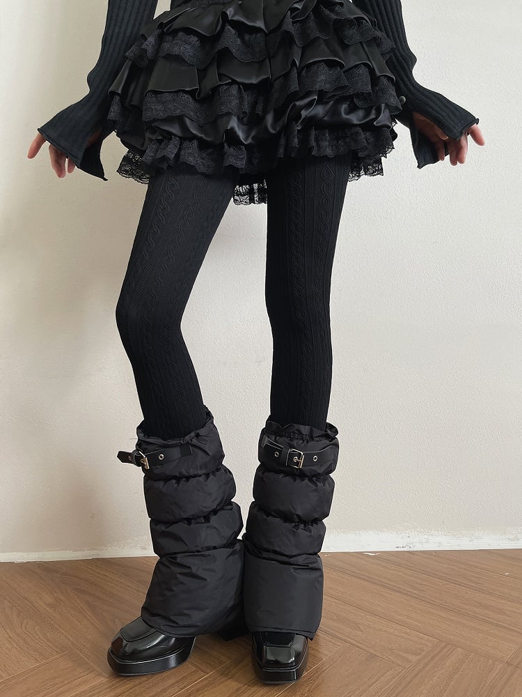 Tights Pattern Cable Knit Warm Black