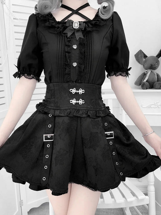 Knot Cheongsam Jacquard Skirt Buckle Style Jirai Kei Black Straps Techwear Buttons with