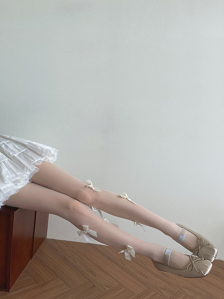 Halbtransparente Lolita Strumpfhose mit Schleife in Weiß