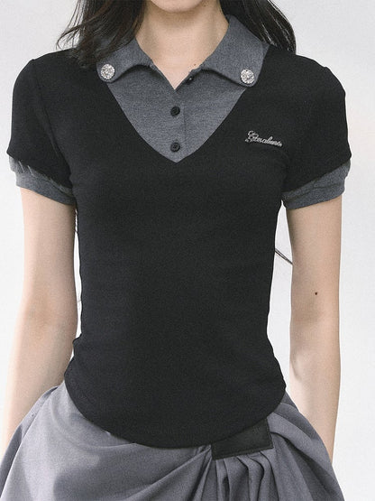 and Gray Polo Collar Preppy Style Faux Two-pieces T-shirt Black