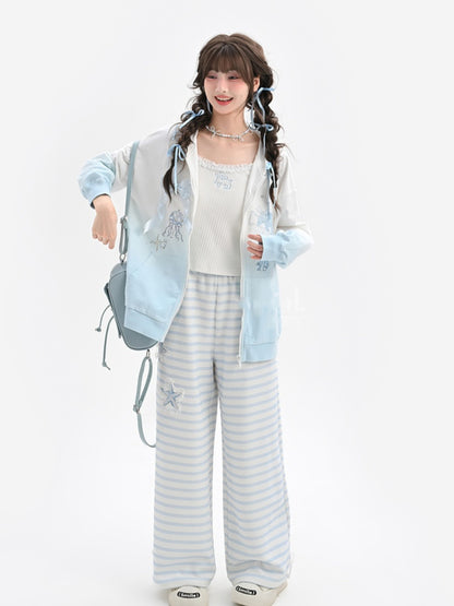 Gradient Blue & White Jellyfish and Dolphin Print Zip Closure Hoodie