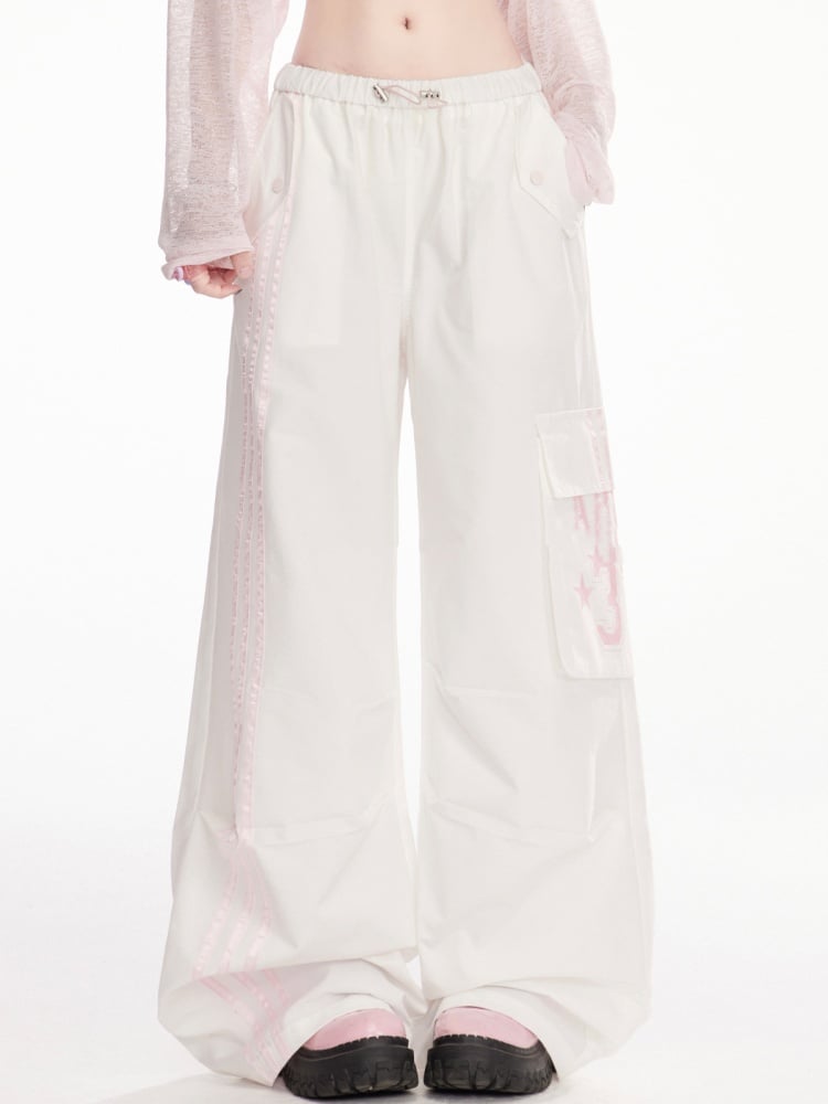 ドローストリングウエスト ストライプサイド ワイドレッグ カーゴパンツ ブラック/ホワイト