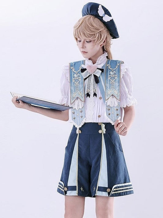 Dark Lace Detail High-Waisted Blue Shorts with Lolita