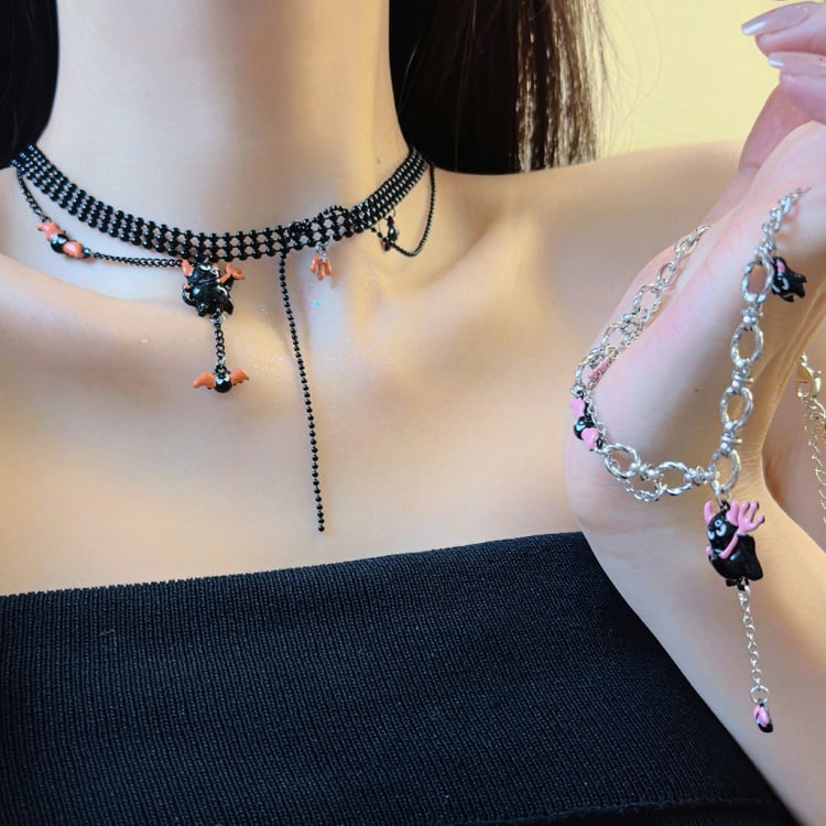 Y2K Schwarz Silber Teufel Anhänger Halskette