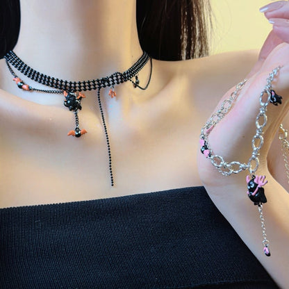 Y2K Schwarz Silber Teufel Anhänger Halskette