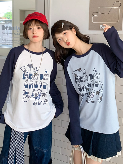 トップス ホワイト/ブルー カラーブロックデザイン 愛らしい子犬プリント ルーズ