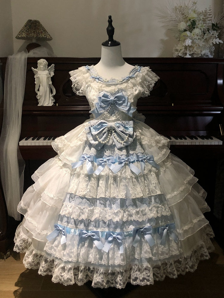 Hime Lolita-Rock mit Schleifen und blaues Hanayome-Stufenkleid mit weißer Dekoration