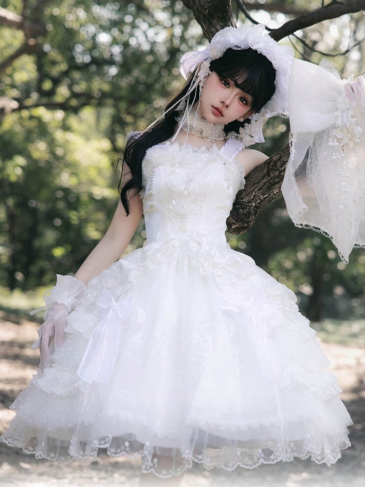 Bead Valley Dress of Lily Bow Embroidered White Sweet with Accents and Lace the Lolita