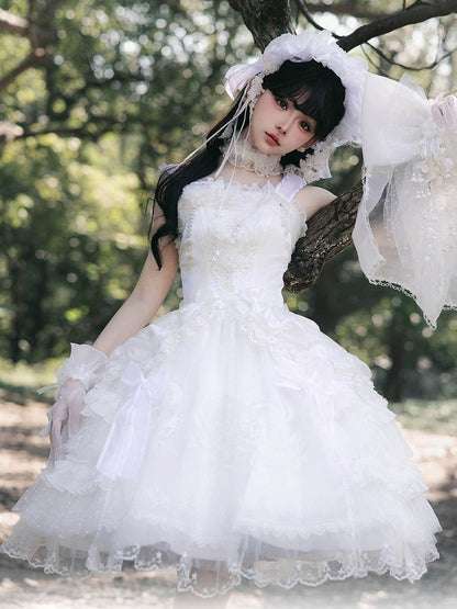 Bead Valley Dress of Lily Bow Embroidered White Sweet with Accents and Lace the Lolita