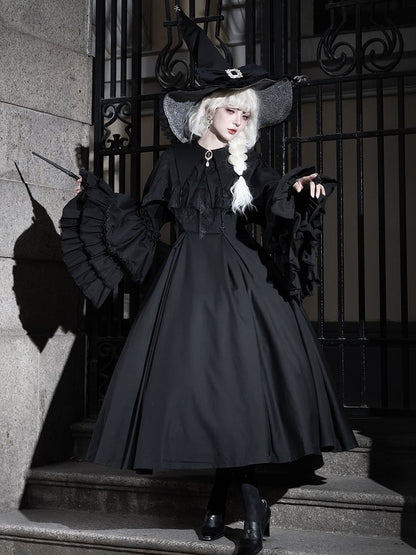 Lolita Bell Pointed Clearance-Size Long M Bust 90CM Gothic Witchy Sleeves Dress Collar Black for