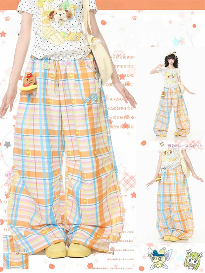 Orange Plaid Wide-Leg Pants with Embroidery - Languid Park