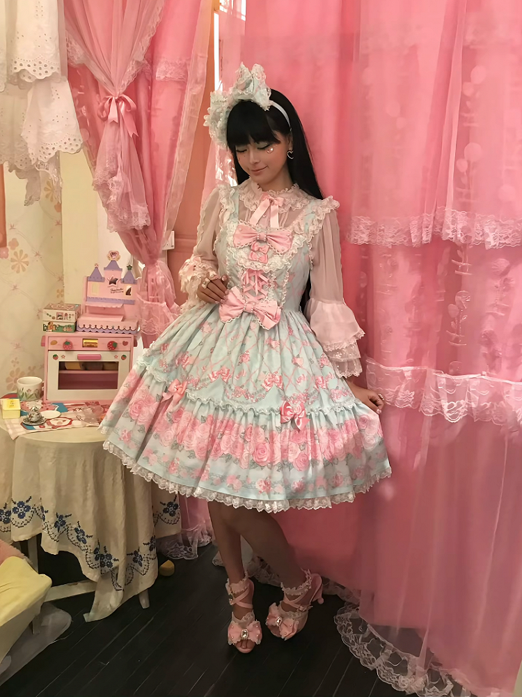 Mint Green Rosette Print Lace JSK Dress - TaTaTa