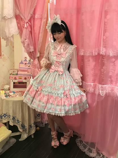 Mint Green Rosette Print Lace JSK Dress - TaTaTa
