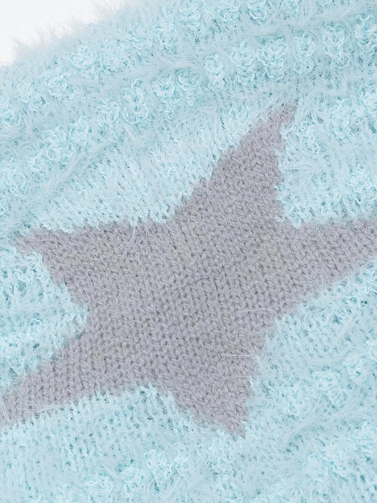 Cool Season Kawaii Blue Asymmetric Faux Mohair Star Wing Sweater - Languid Park