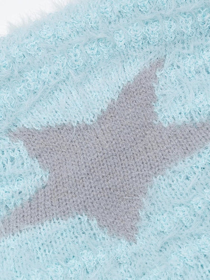 Cool Season Kawaii Blue Asymmetric Faux Mohair Star Wing Sweater - Languid Park