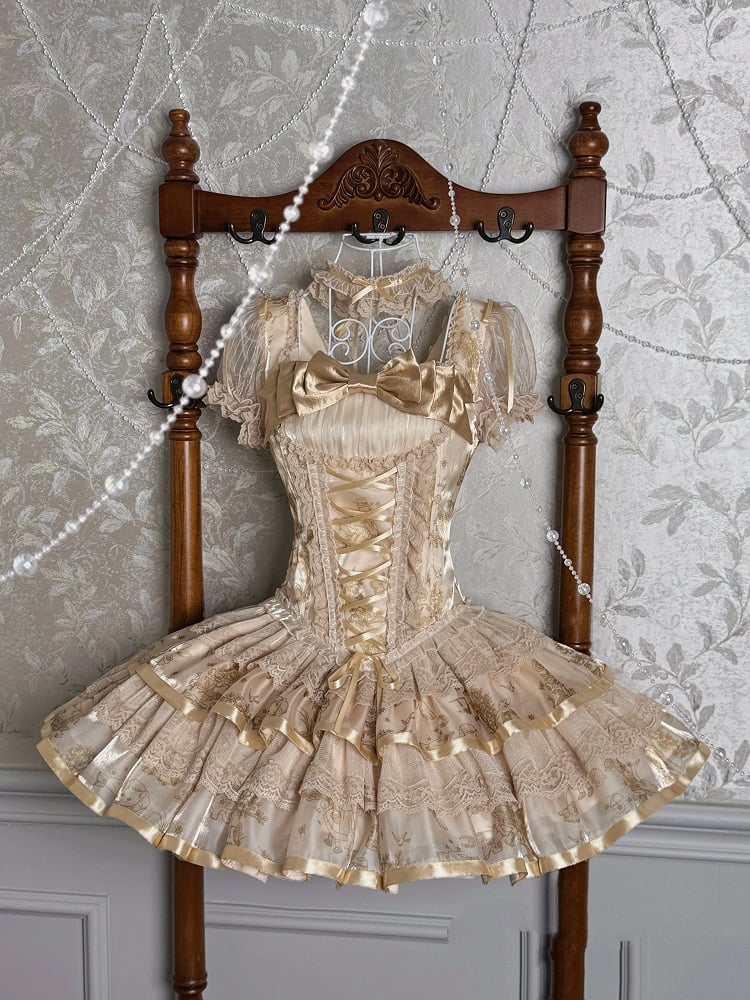 Ärmel Korsett Lolita Kitty Kurzes Kleid Print und Bunny Puff Champagner