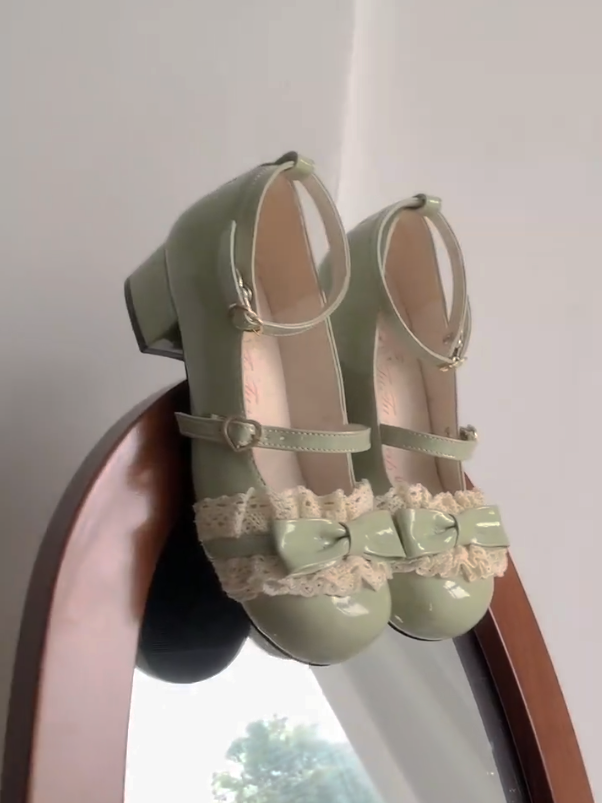 Lace Shoes Low Mary Jane PU Green - with Lolita Heel Leather Detail