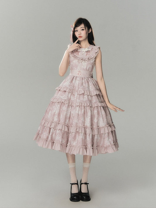 Pink Sweet Lolita Layered Skirt Sleeveless Dress with Embroidery - Yimu Walnut