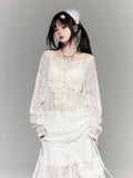 Sequins White Semi-Sheer Top Lace Delicate and Embroidery with Embellished