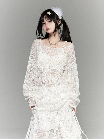Sequins White Semi-Sheer Top Lace Delicate and Embroidery with Embellished