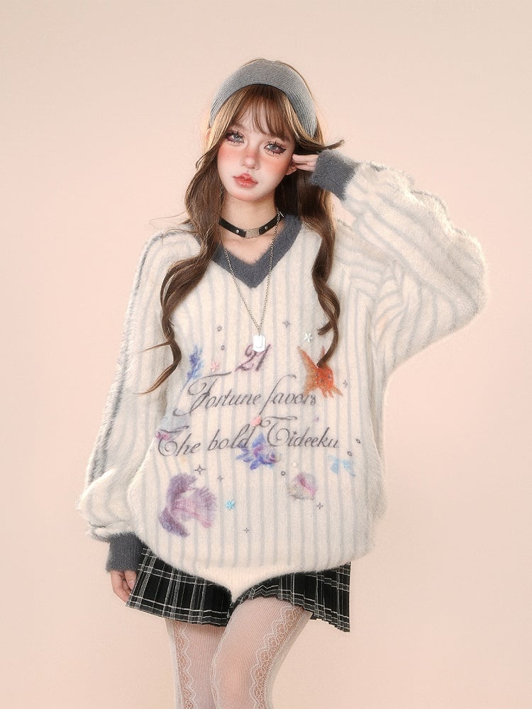 Ocean Print V-Neck White Plush Sweater Stripes with