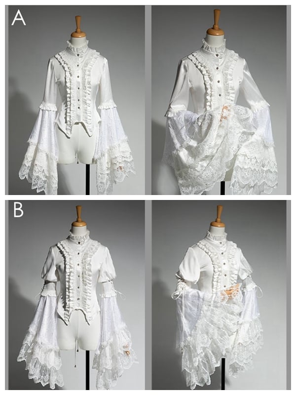 Aristocrat Sleeves Bell Ruffled Patched Lace Neck White Ouji Fashion Shirt Lolita