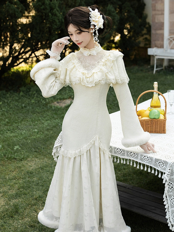 Cheongsam Embroidery Edward Camellia and Creamy Neck Dress Style Plush with Cuffs Mermaid Hem