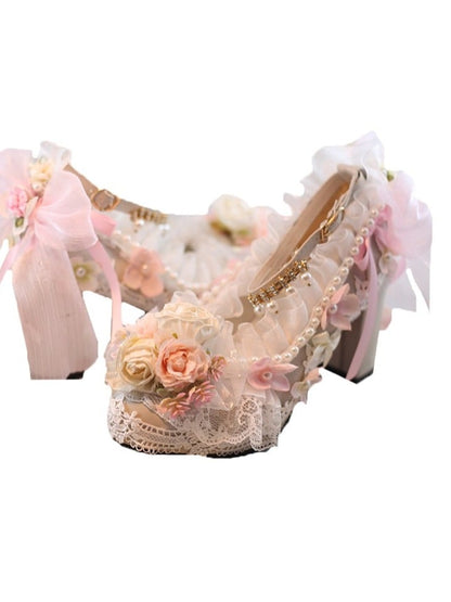 Elegant Lolita Pink Pearl Chain High Heels with Rose Lace - Mirror Lolita