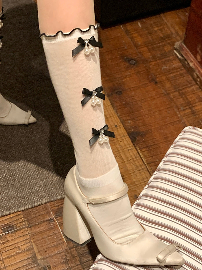 Charm Details Socks Calf Beaded White/Black/Gray Bowknot
