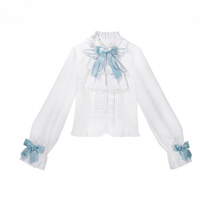White & Blue Long Sleeves Banded Collar Ouji Style Lolita Shirt with Bow Details - Unknown Star