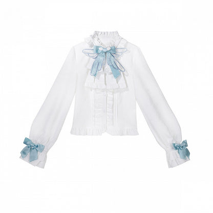 White & Blue Long Sleeves Banded Collar Ouji Style Lolita Shirt with Bow Details - Unknown Star