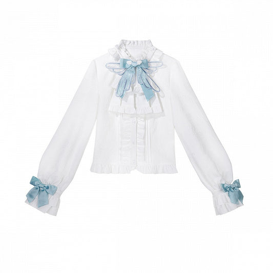 White & Blue Long Sleeves Banded Collar Ouji Style Lolita Shirt with Bow Details - Unknown Star