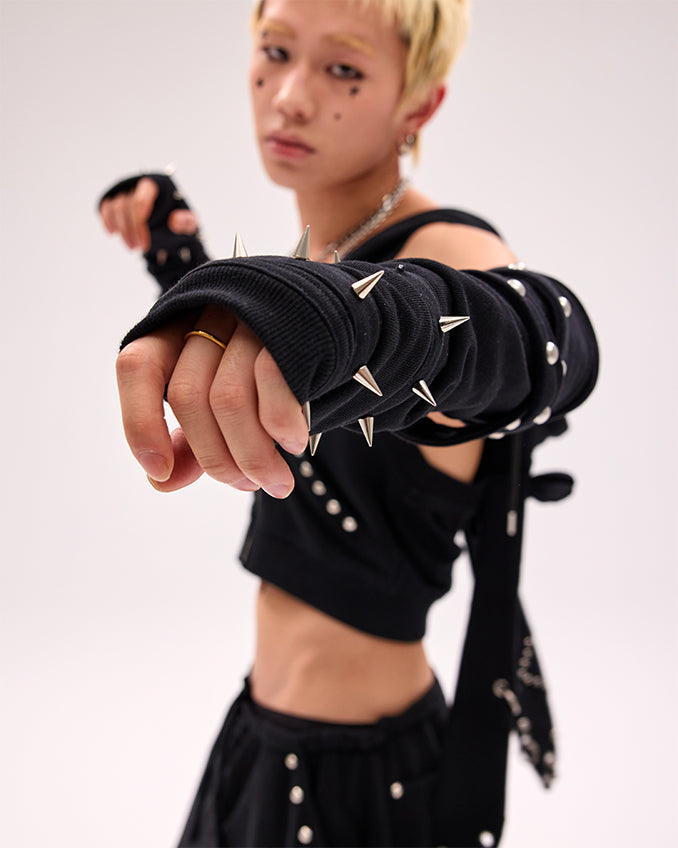 Criss-cross Straps Studded Gloves Black/Gray/Pink