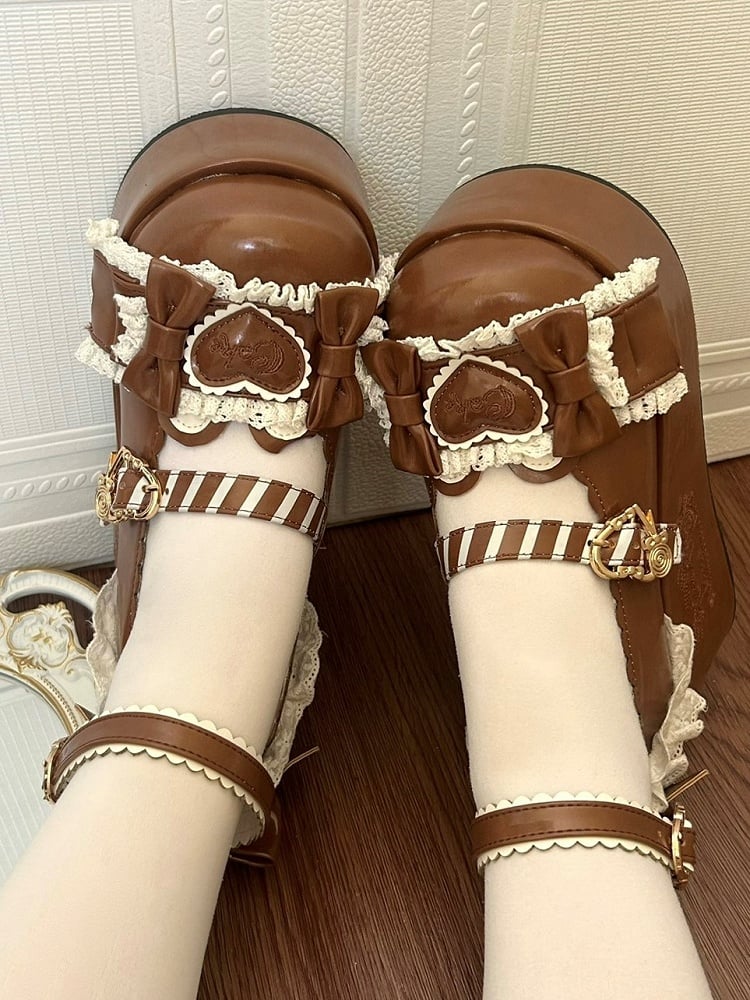 Sweet Lolita Trim Brown Teddy Bear Lace Shoes Themed Platform with