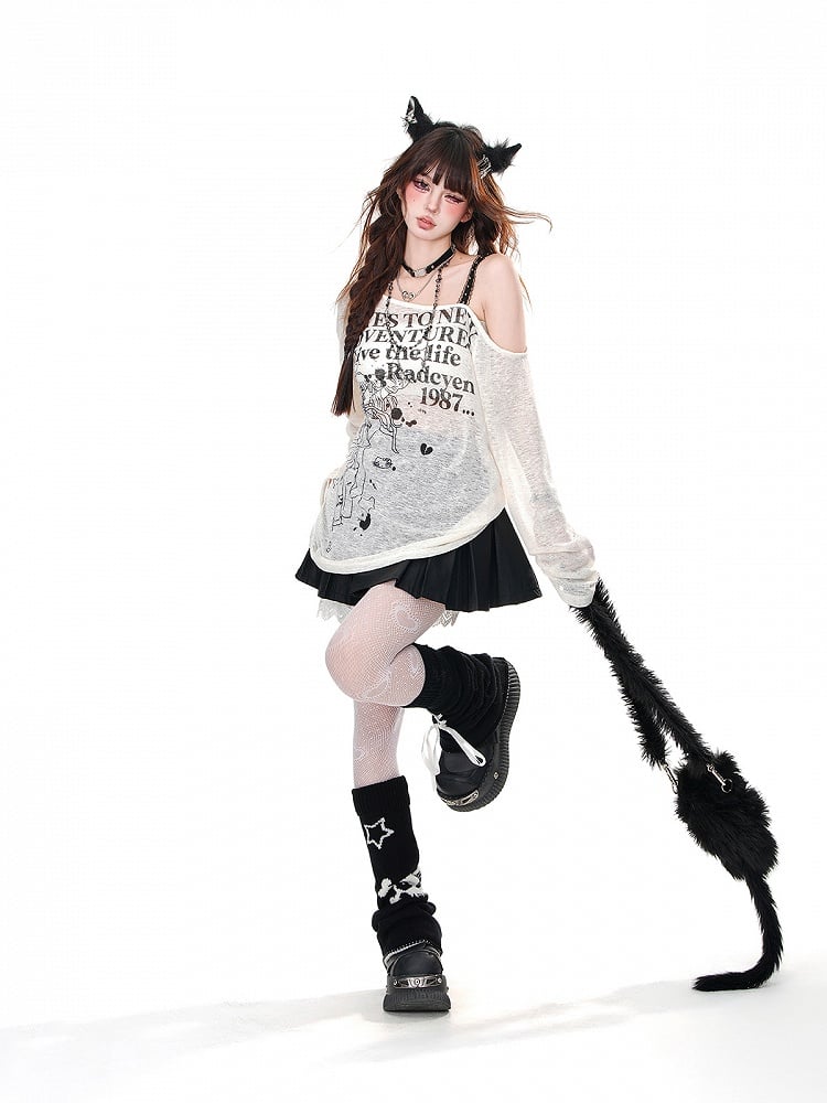 Black/Beige Semi-sheer Asymmetrical Neckline Cartoon Loose Top