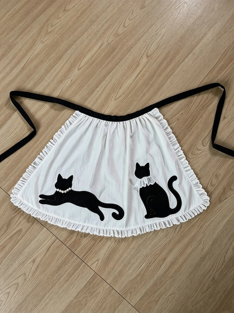 White Lolita Apron with Black Cat Patches - Rock Candy Box