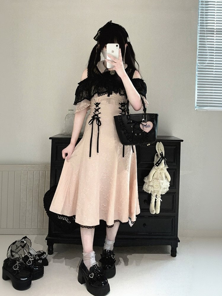 Off-Shoulder Jacquard Dress with Bow Accents, Peter Pan Collar, 4 Colorways - Kitty Bxllet